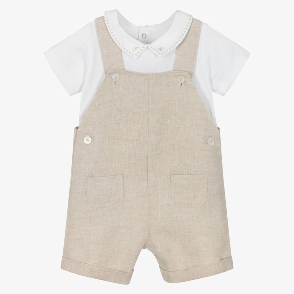 Tartine et Chocolat-Boys Short Beige Linen Dungarees & White Jersey Bodysuit Set | Childrensalon
