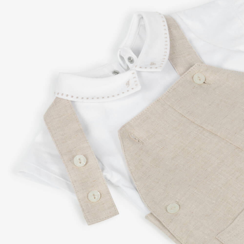 Tartine et Chocolat-Boys Short Beige Linen Dungarees & White Jersey Bodysuit Set | Childrensalon