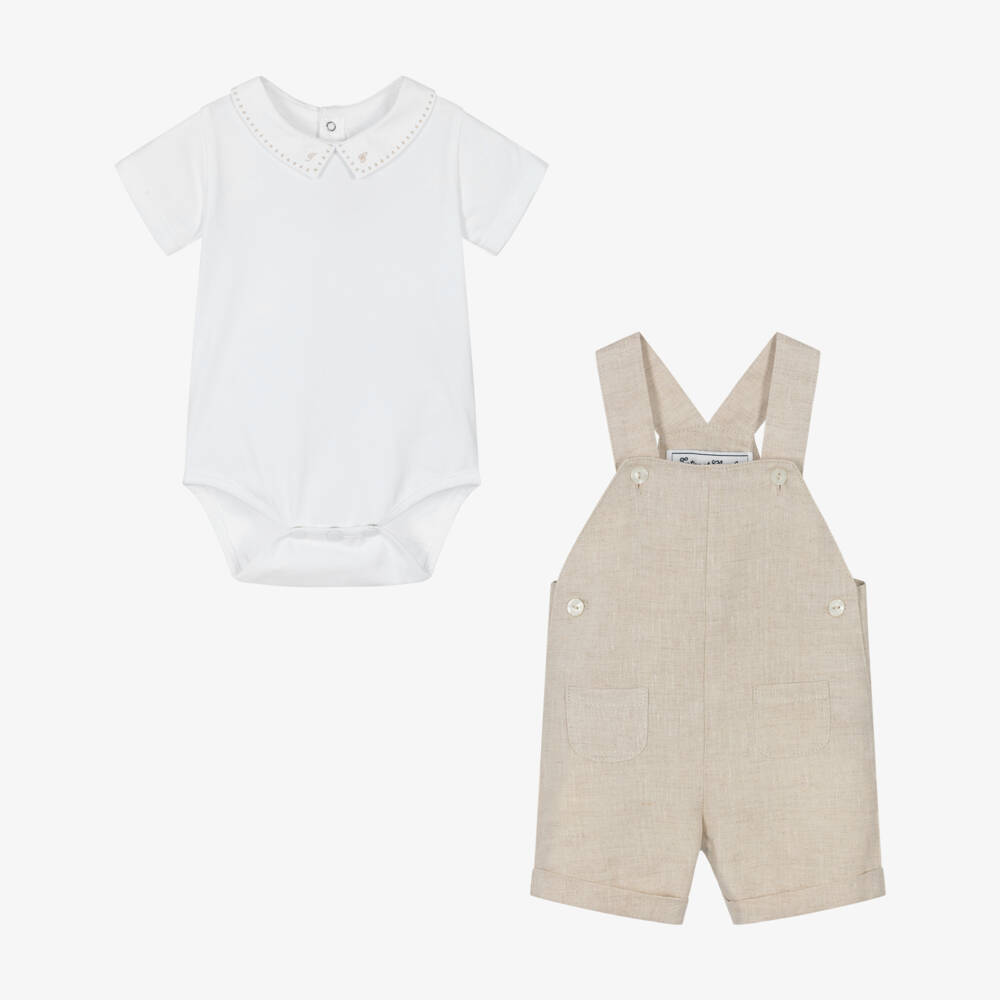 Tartine et Chocolat-Boys Short Beige Linen Dungarees & White Jersey Bodysuit Set | Childrensalon