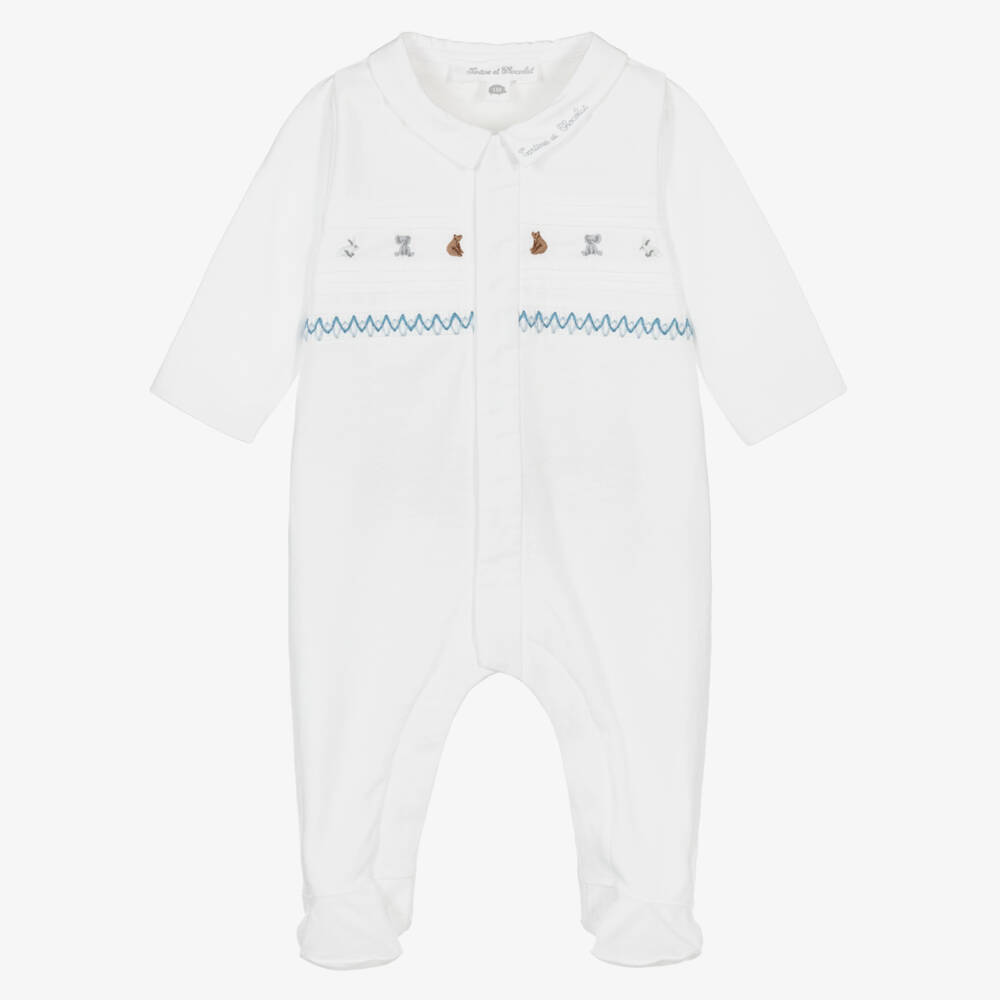 Tartine et Chocolat-Boys White Cotton Babygrow with Animal Embroidery | Childrensalon
