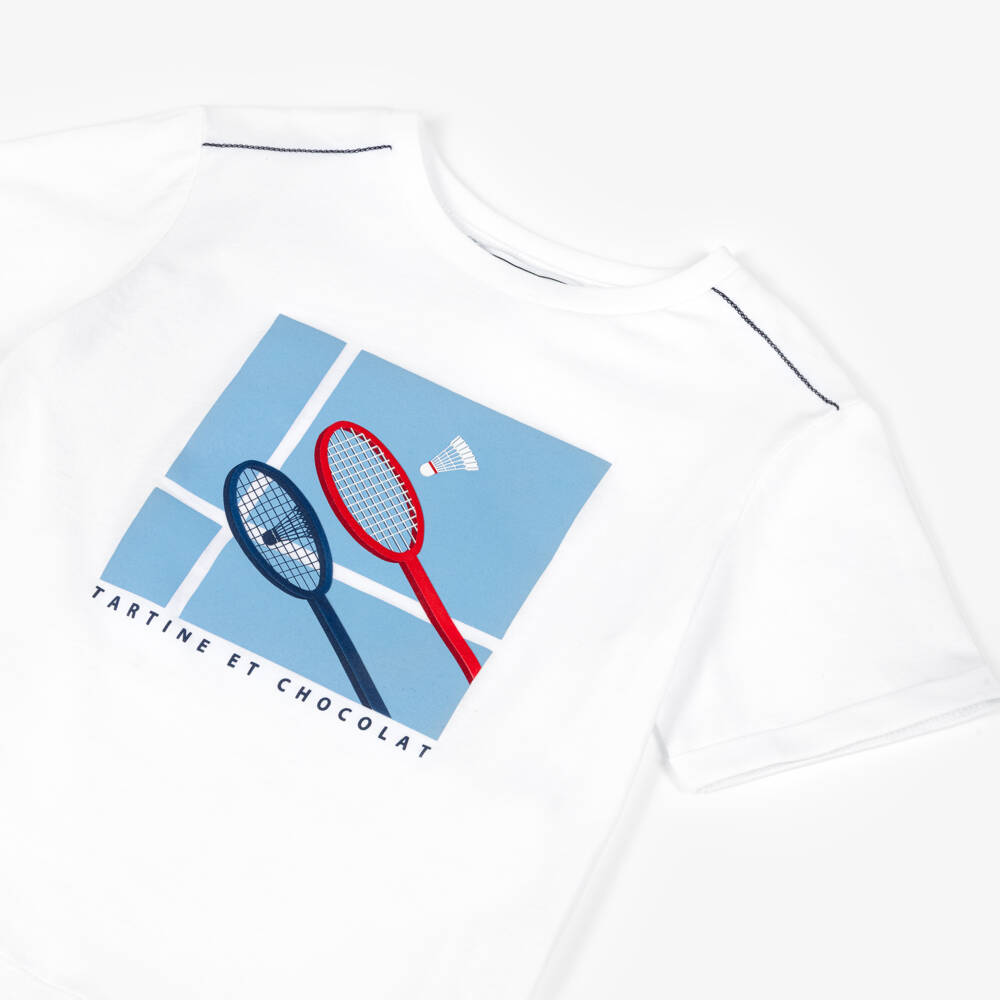Tartine et Chocolat-Футболка белая из хлопка с принтом бадминтона для мальчиков | Childrensalon