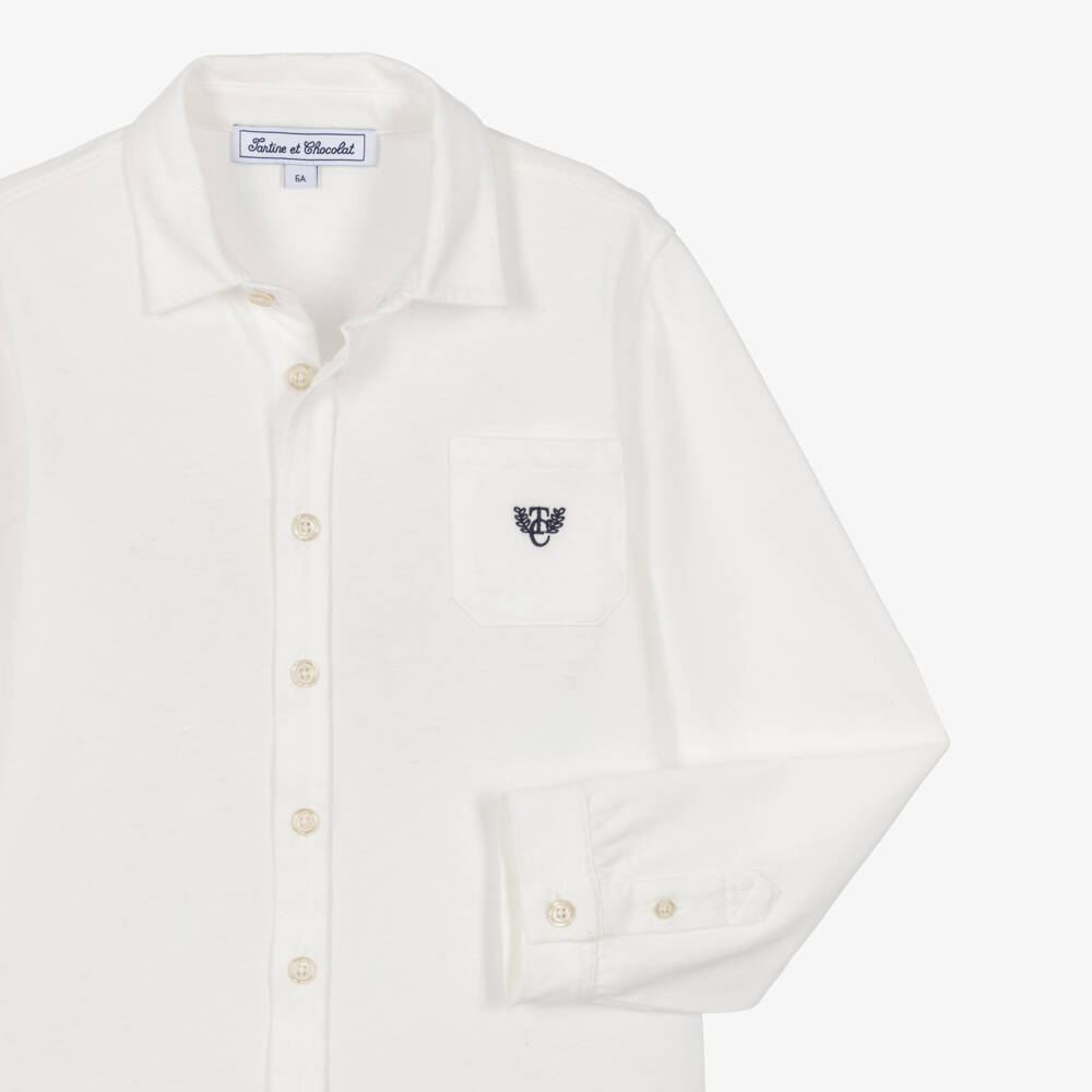 Tartine et Chocolat-Boys White Cotton Jersey Long Sleeved Shirt | Childrensalon