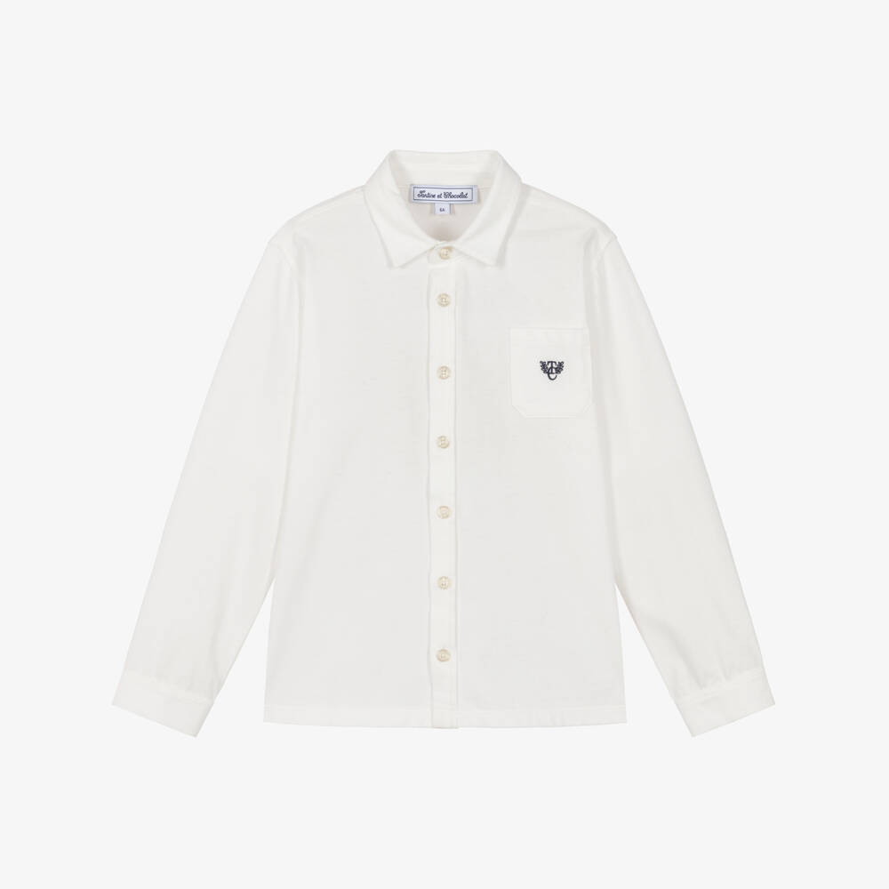 Tartine et Chocolat-Boys White Cotton Jersey Long Sleeved Shirt | Childrensalon