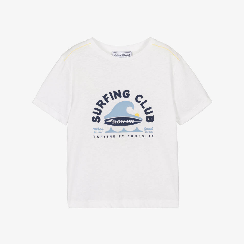 Tartine et Chocolat-Boys White Cotton Surf Print T-Shirt | Childrensalon