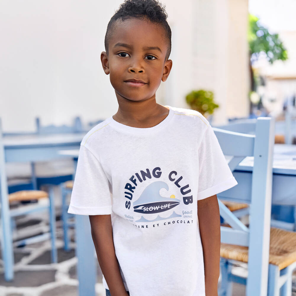 Tartine et Chocolat-Boys White Cotton Surfing T-Shirt | Childrensalon