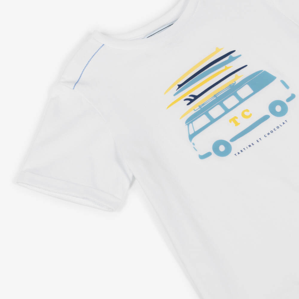 Tartine et Chocolat-Футболка белая хлопковая с фургоном для мальчиков  | Childrensalon