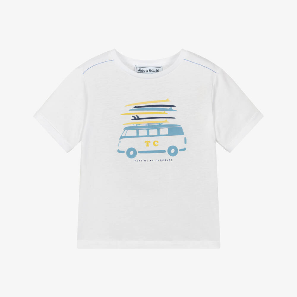 Tartine et Chocolat-Boys White Cotton T-Shirt with Camper Van Motif | Childrensalon