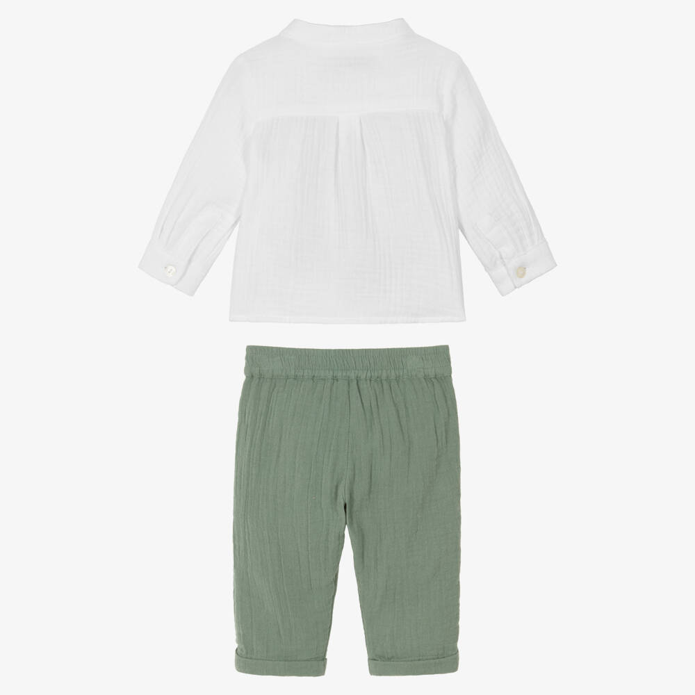 Tartine et Chocolat-Boys White & Green Cotton Cheesecloth Trouser Set | Childrensalon