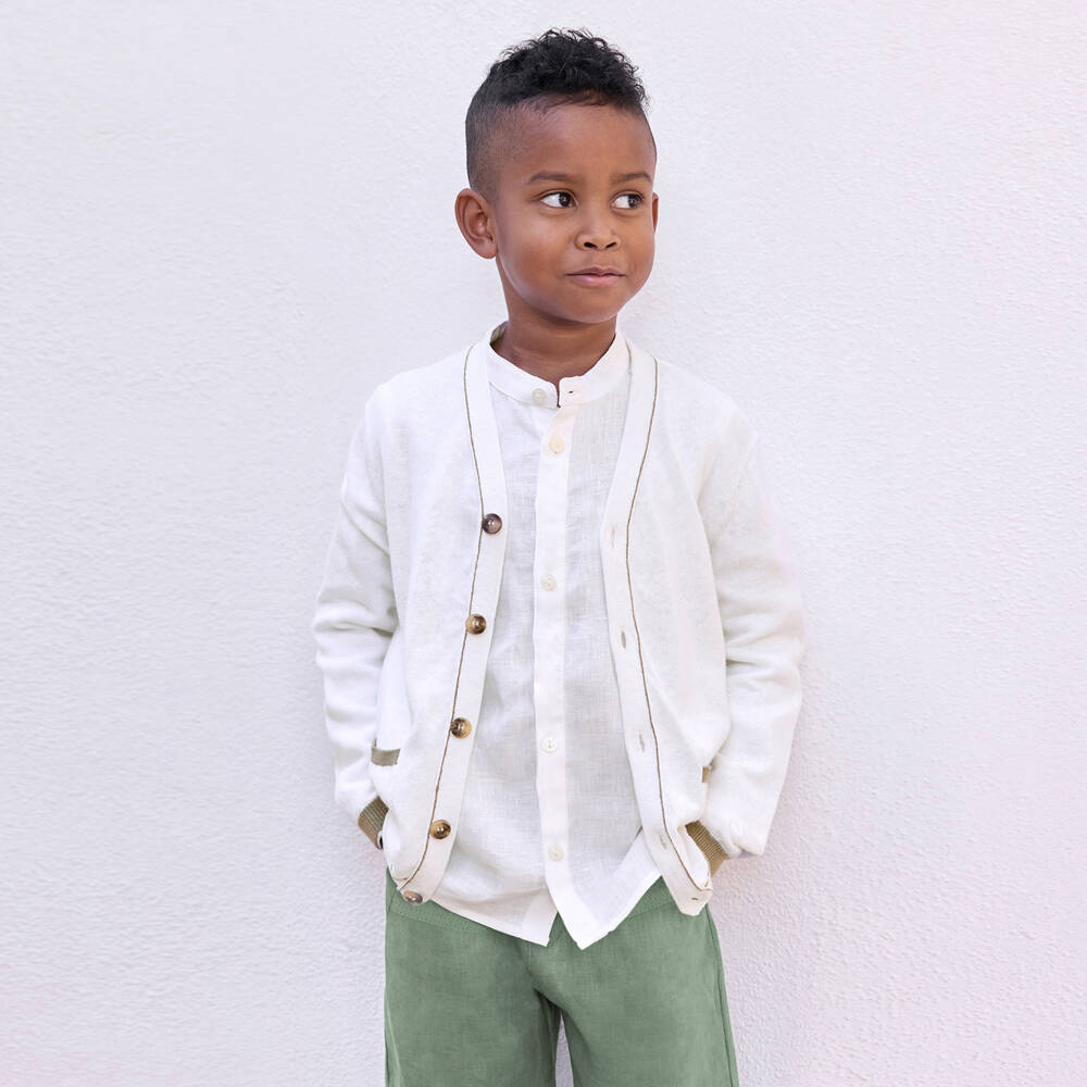 Tartine et Chocolat-Boys White & Green Cotton Cheesecloth Trouser Set | Childrensalon