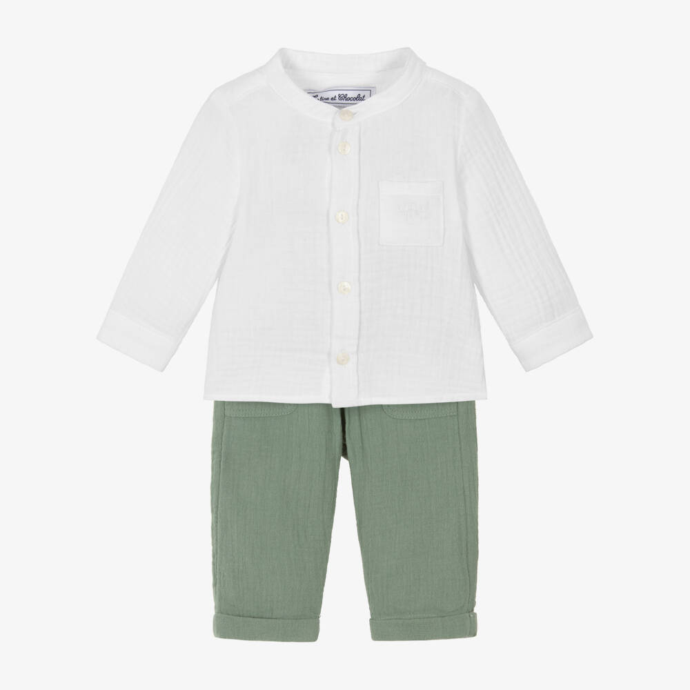 Tartine et Chocolat-Boys White & Green Cotton Cheesecloth Trouser Set | Childrensalon