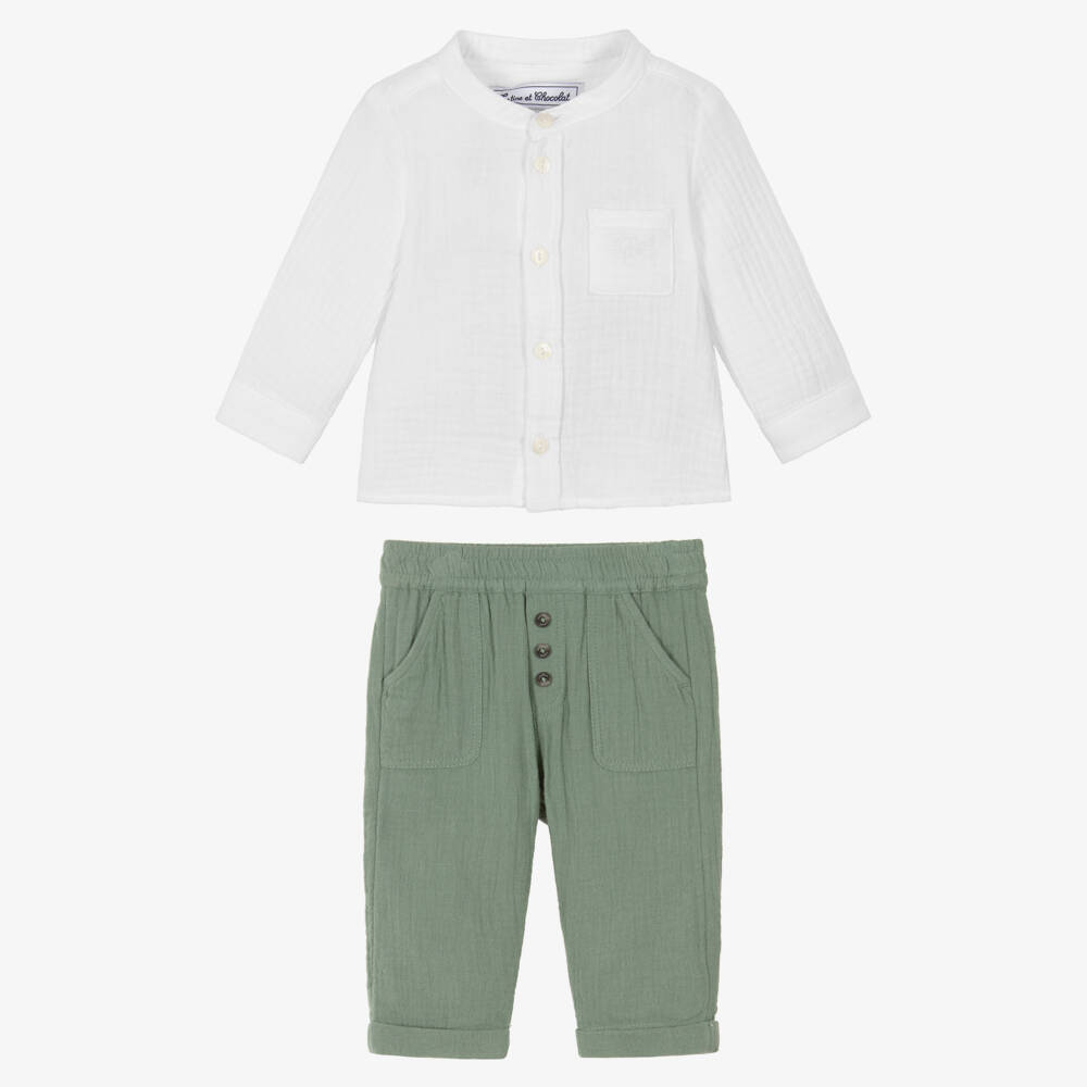 Tartine et Chocolat-Boys White & Green Cotton Cheesecloth Trouser Set | Childrensalon