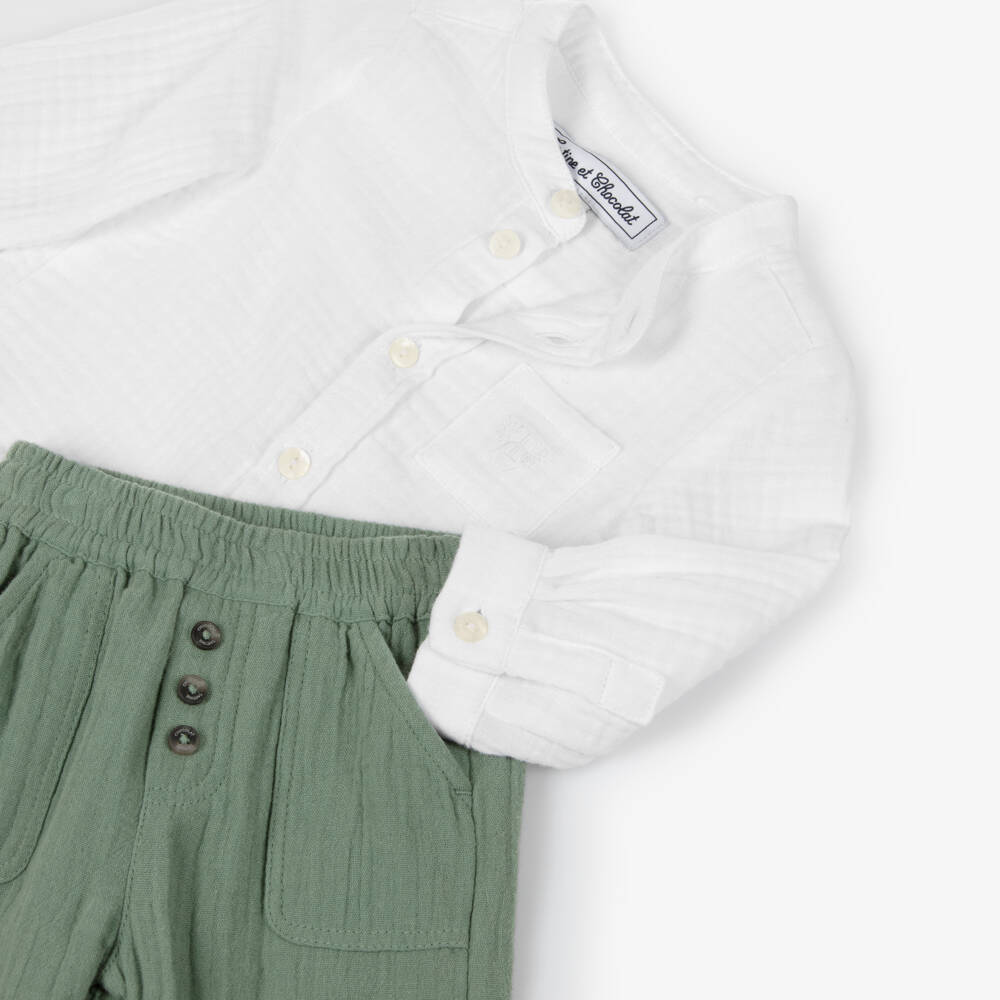 Tartine et Chocolat-Boys White & Green Cotton Cheesecloth Trouser Set | Childrensalon