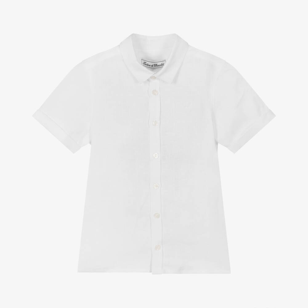 Tartine et Chocolat-Boys White Linen Embroidered Shirt | Childrensalon