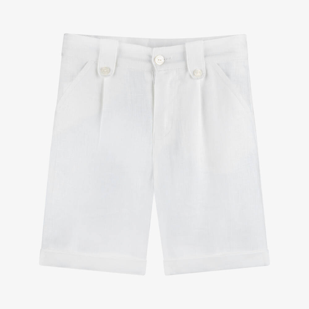 Tartine et Chocolat-Boys White Linen Shorts with Buttoned Tabs | Childrensalon