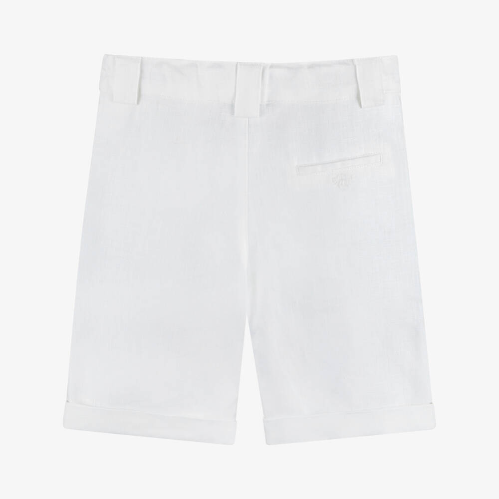 Tartine et Chocolat-Boys White Linen Shorts with Buttoned Tabs | Childrensalon