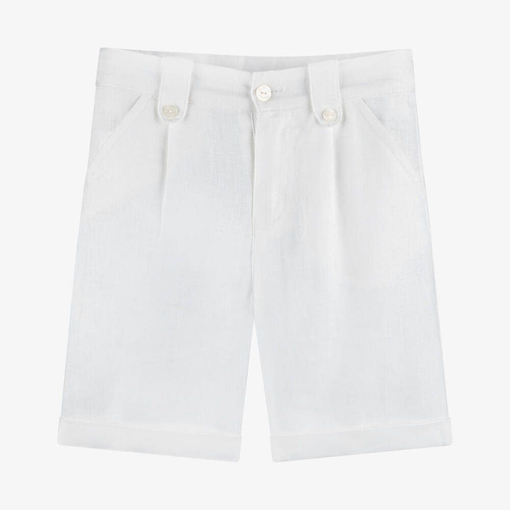 Tartine et Chocolat-Boys White Linen Shorts with Buttoned Tabs | Childrensalon