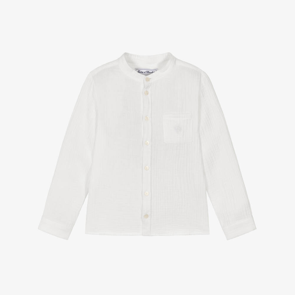 Tartine et Chocolat-Boys White Muslin Cotton Collarless Shirt | Childrensalon