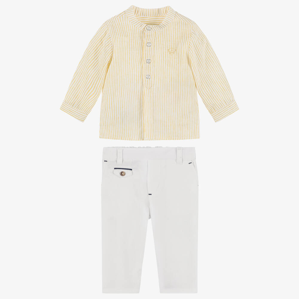 Tartine et Chocolat-Boys Yellow Stripe Shirt & White Cotton Trouser Set | Childrensalon