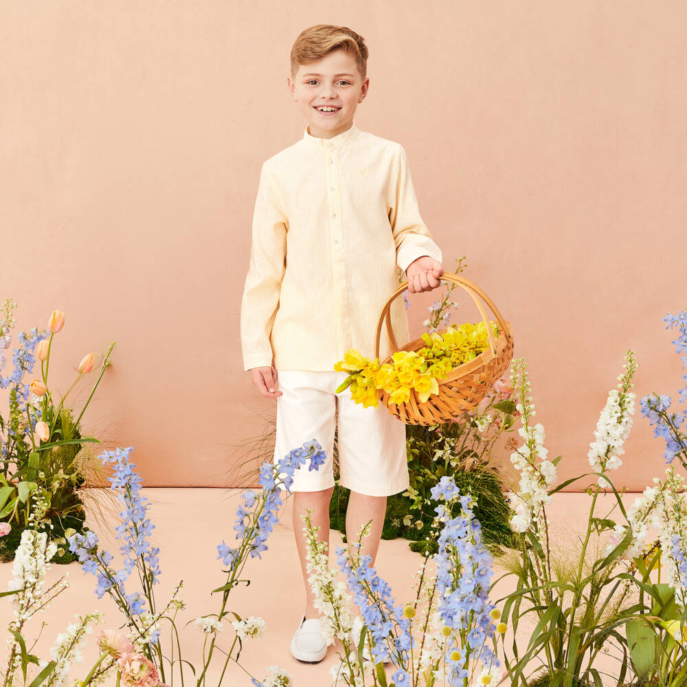 Tartine et Chocolat-Boys Yellow Striped Linen & Cotton Collarless Shirt | Childrensalon