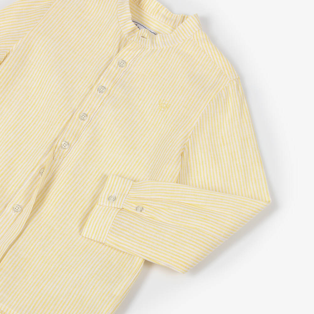 Tartine et Chocolat-Boys Yellow Striped Linen & Cotton Collarless Shirt | Childrensalon