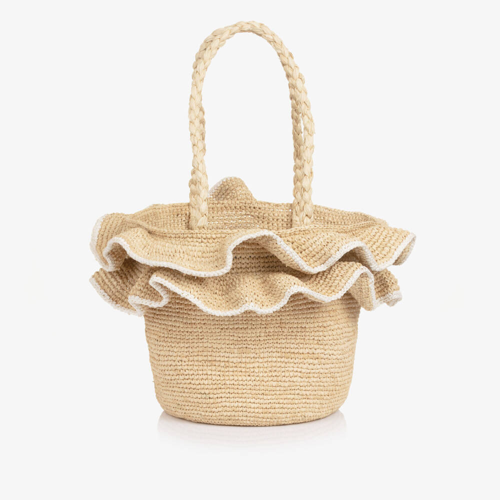 Tartine et Chocolat-Girls Beige Raffia Bag with Ruffles (19cm) | Childrensalon