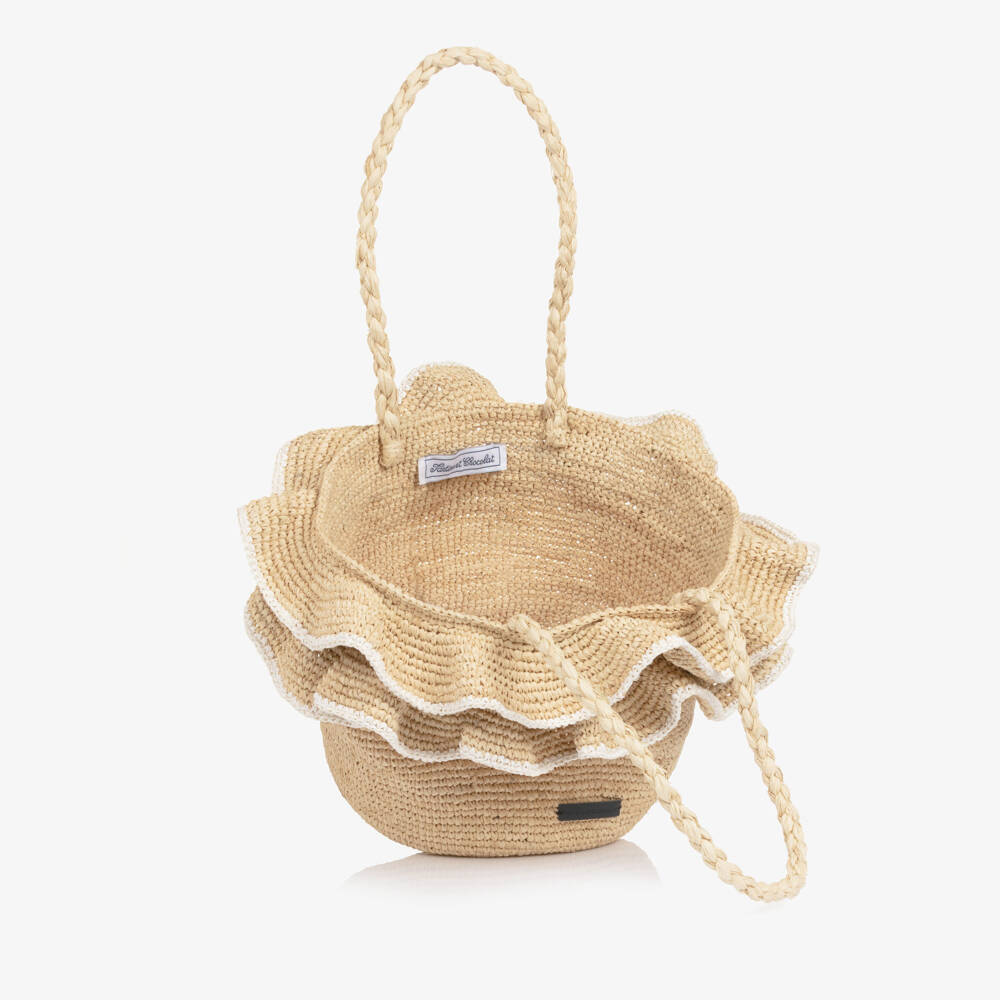 Tartine et Chocolat-Girls Beige Raffia Bag with Ruffles (19cm) | Childrensalon