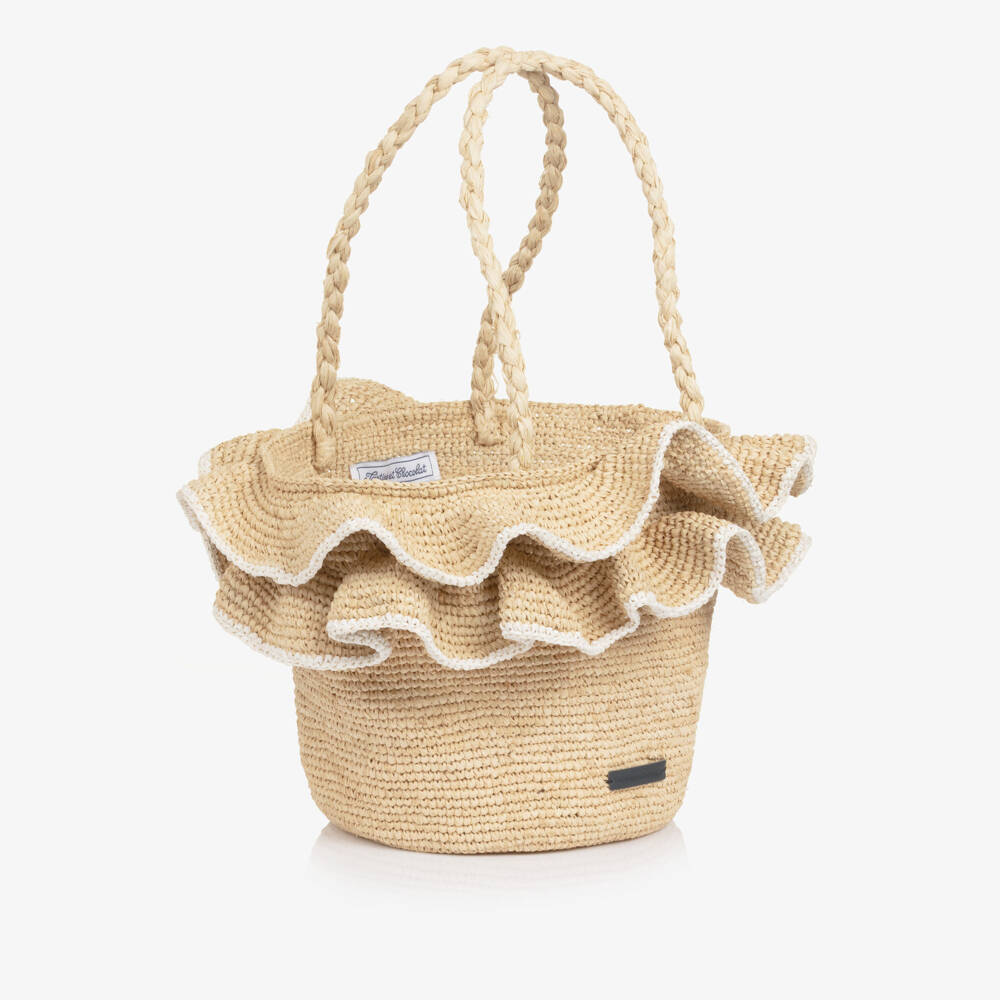 Tartine et Chocolat-Girls Beige Raffia Bag with Ruffles (19cm) | Childrensalon