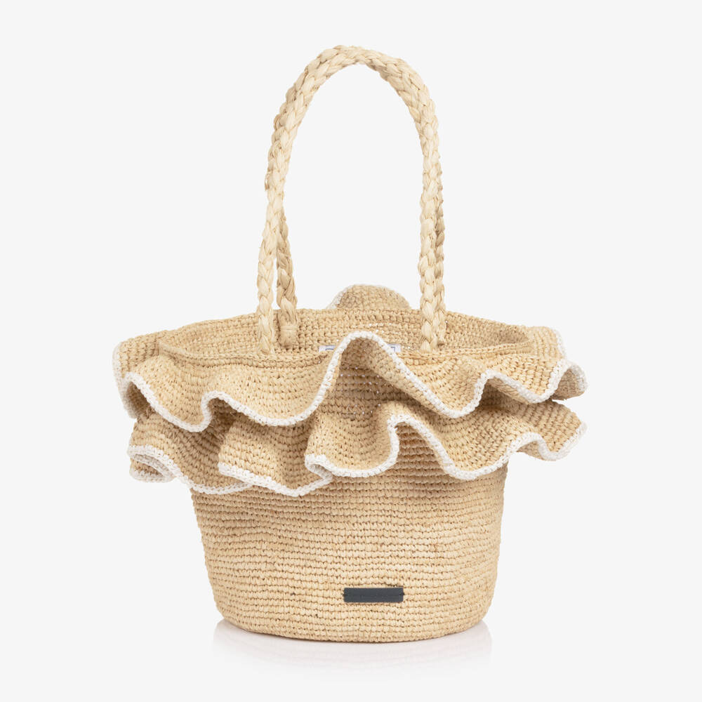 Tartine et Chocolat-Girls Beige Raffia Bag with Ruffles (19cm) | Childrensalon