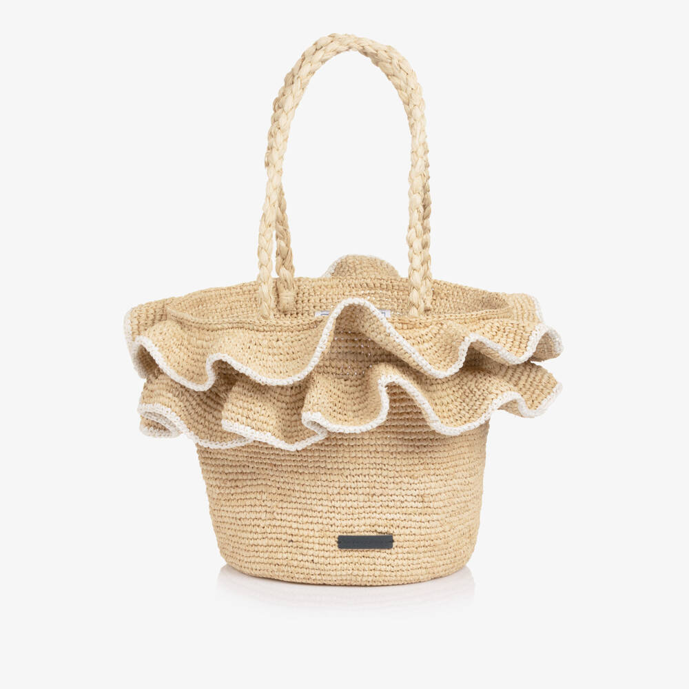 Tartine et Chocolat-Girls Beige Raffia Bag with Ruffles (19cm) | Childrensalon
