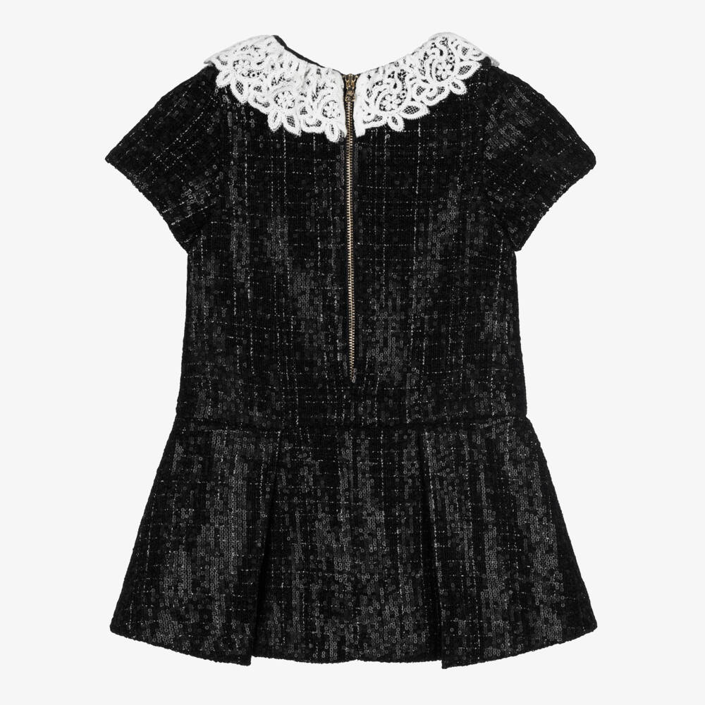 Tartine et Chocolat-Girls Black Sequinned Tweed Dress with Ivory Lace Collar | Childrensalon