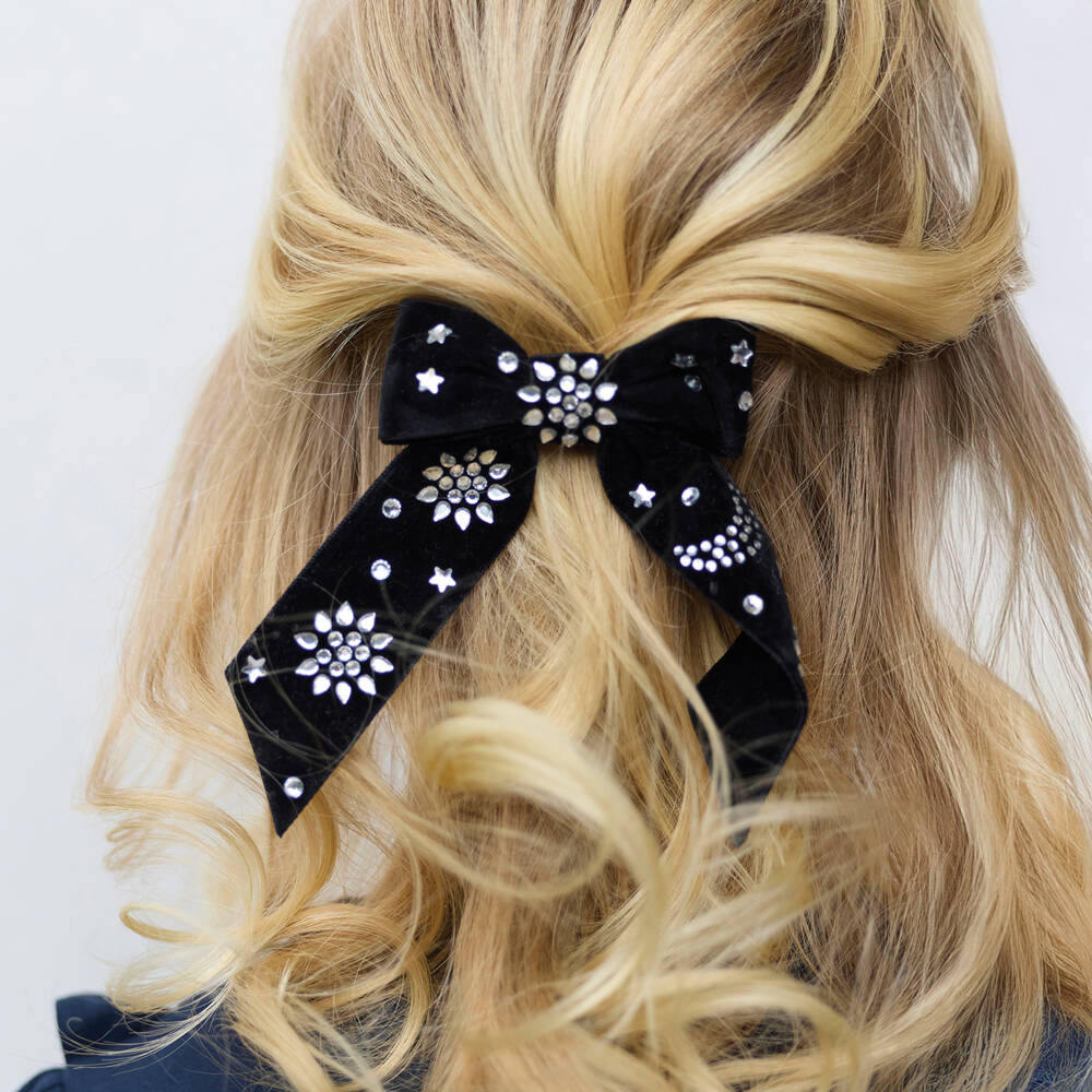 Tartine et Chocolat-Girls Black Velvet & Diamanté Bow Hair Clip (13cm) | Childrensalon