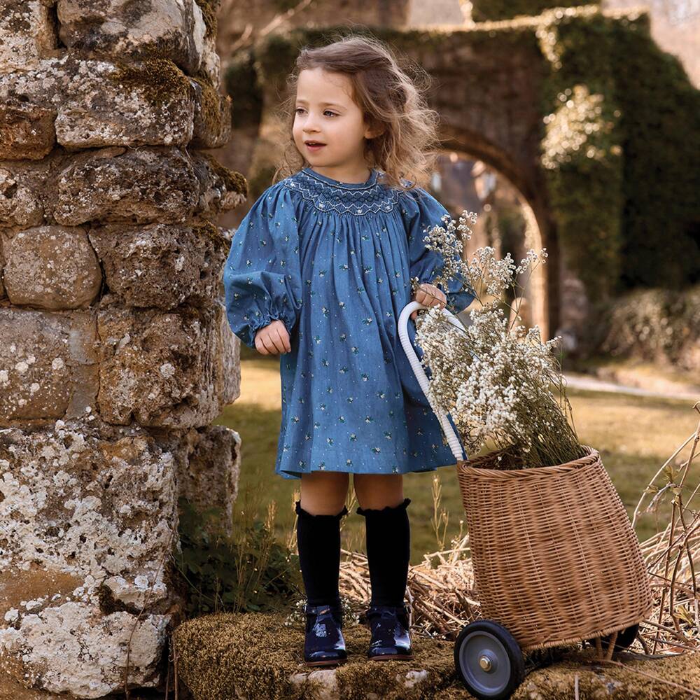Tartine et Chocolat-Girls Blue Chambray Floral Print Dress | Childrensalon