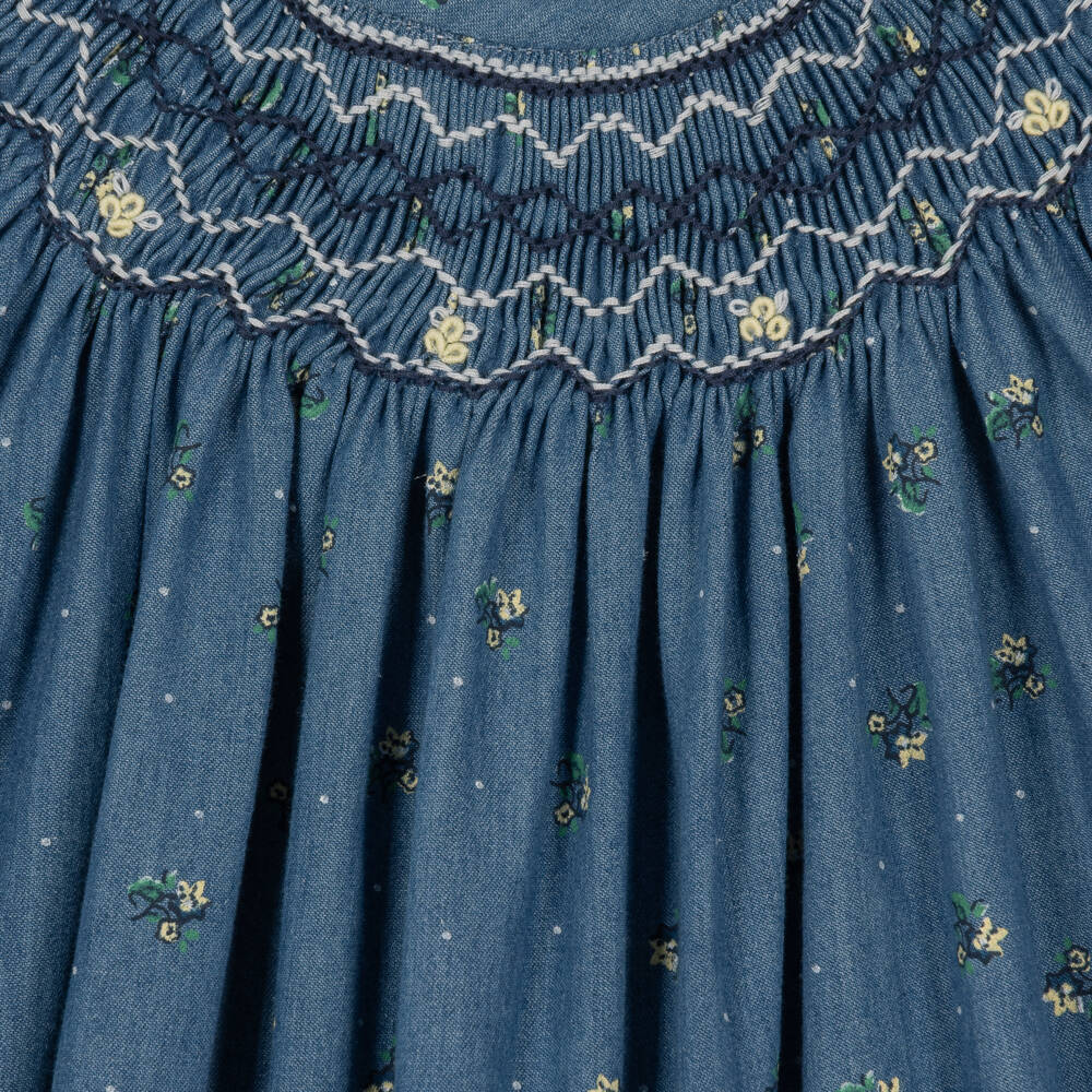 Tartine et Chocolat-Girls Blue Chambray Floral Print Dress | Childrensalon