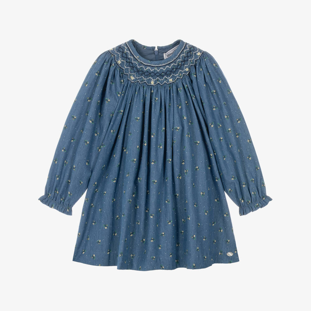 Tartine et Chocolat-Girls Blue Chambray Floral Print Dress | Childrensalon