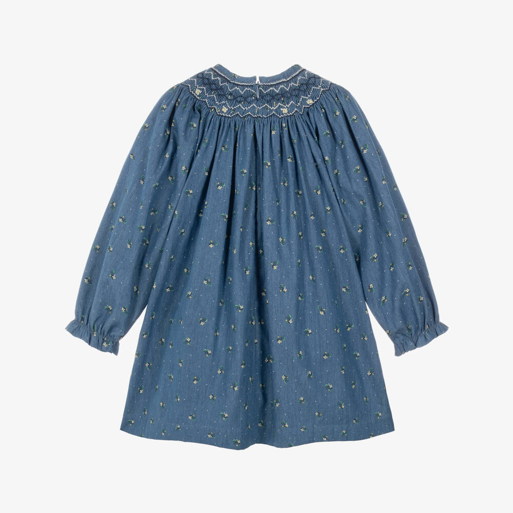 Tartine et Chocolat-Girls Blue Chambray Floral Print Dress | Childrensalon