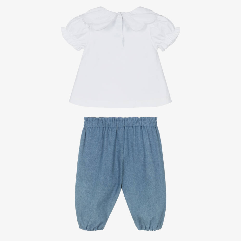 Tartine et Chocolat-Girls Blue Chambray Trouser Set with Appliqué Flowers | Childrensalon