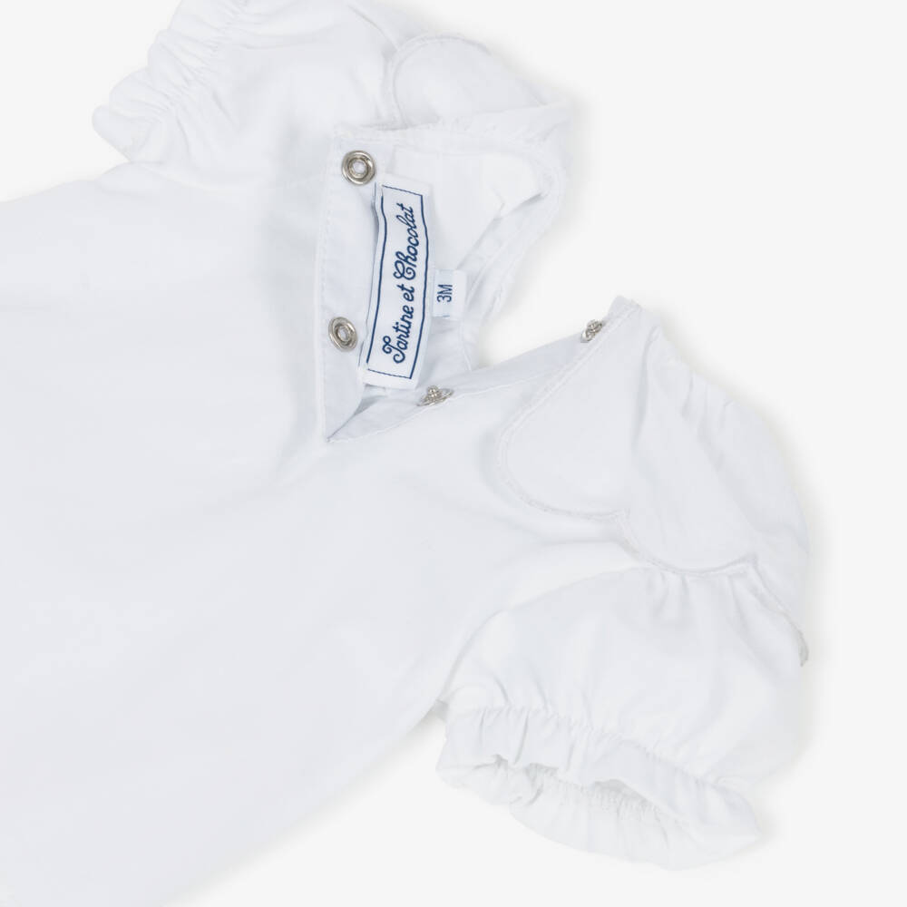 Tartine et Chocolat-Girls Blue Chambray Trouser Set with Appliqué Flowers | Childrensalon