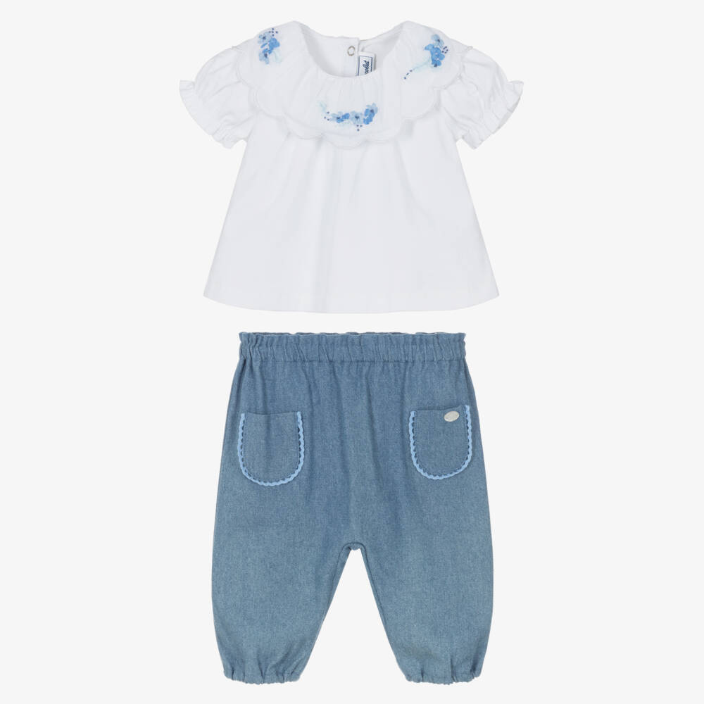 Tartine et Chocolat-Girls Blue Chambray Trouser Set with Appliqué Flowers | Childrensalon
