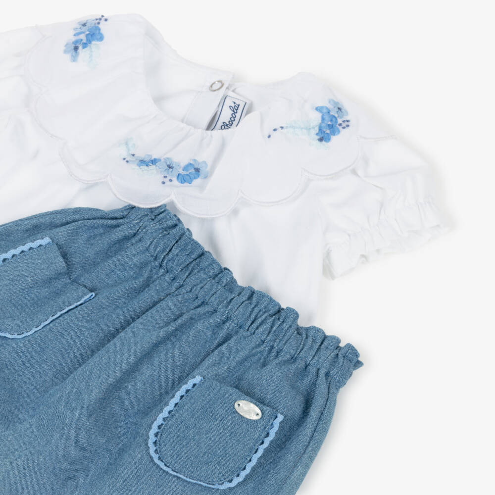 Tartine et Chocolat-Girls Blue Chambray Trouser Set with Appliqué Flowers | Childrensalon