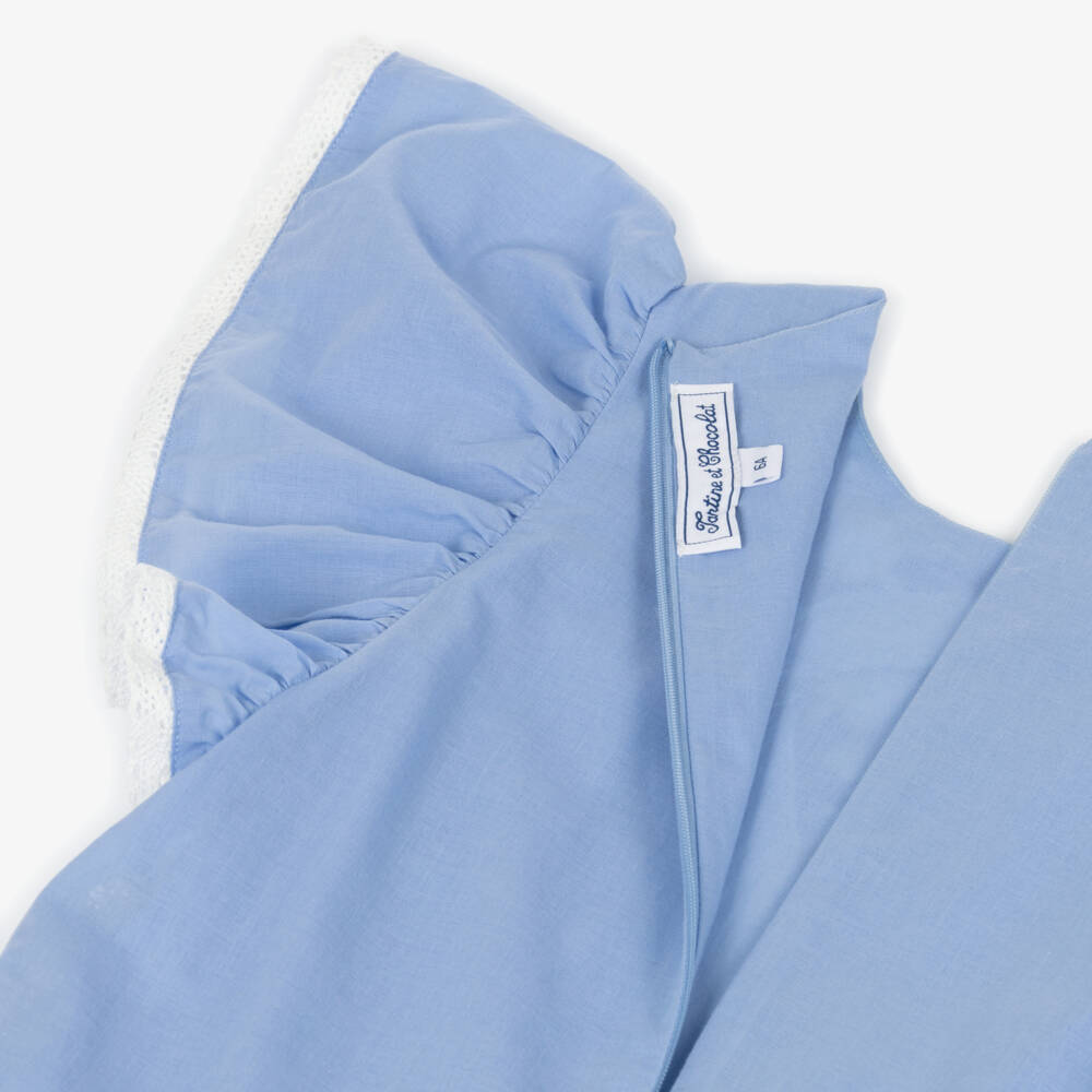 Tartine et Chocolat-Girls Blue Cotton Dress with Floral Embroidery & Lace Trims | Childrensalon