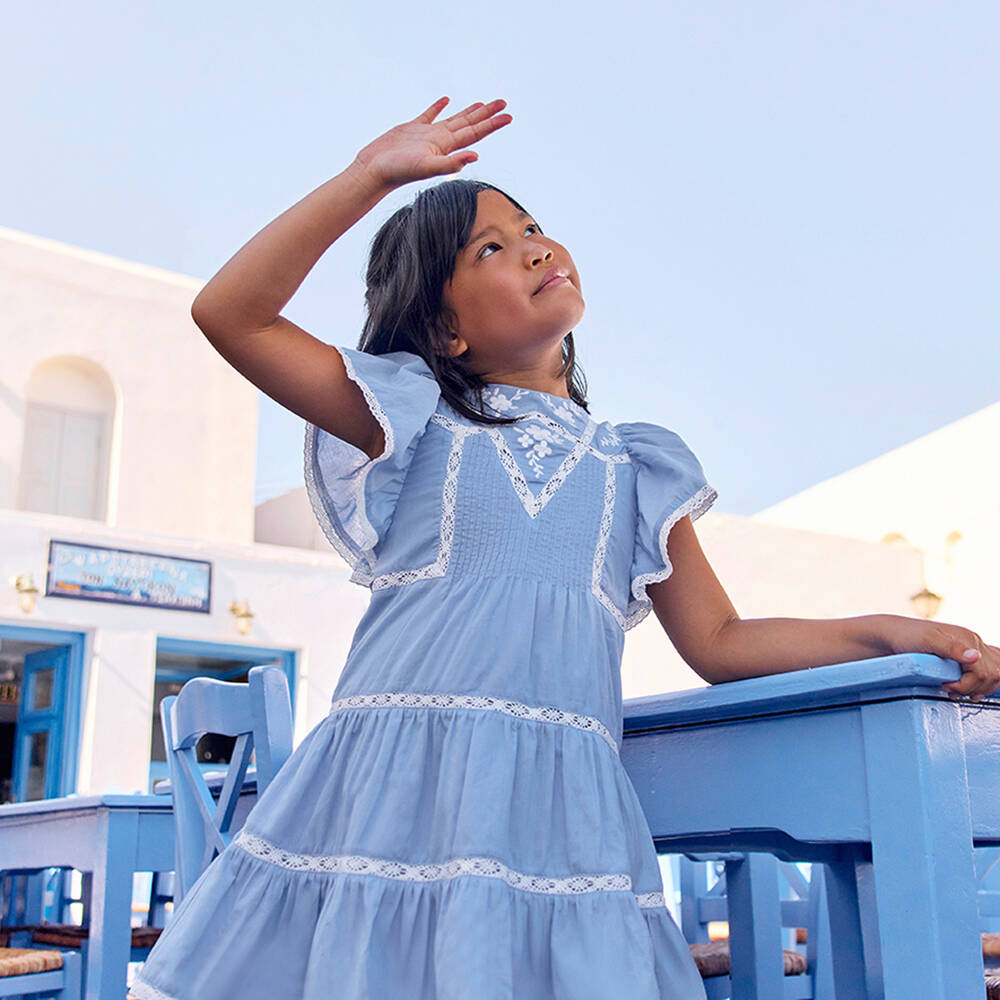 Tartine et Chocolat-Girls Blue Cotton Dress with Floral Embroidery & Lace Trims | Childrensalon