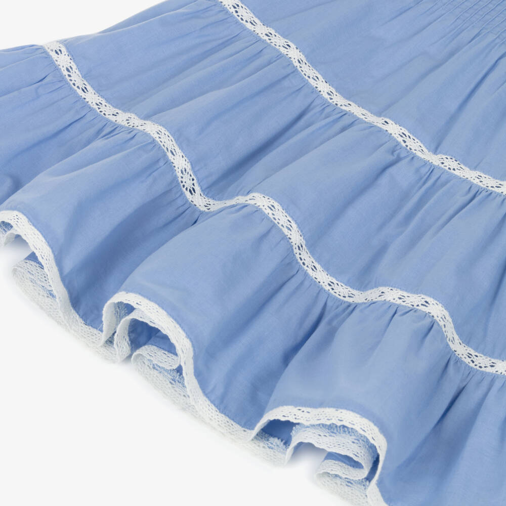 Tartine et Chocolat-Girls Blue Cotton Dress with Floral Embroidery & Lace Trims | Childrensalon