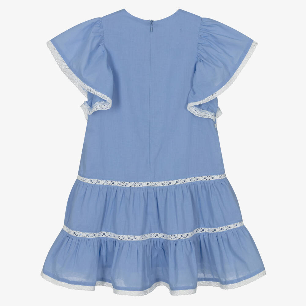 Tartine et Chocolat-Girls Blue Cotton Dress with Floral Embroidery & Lace Trims | Childrensalon