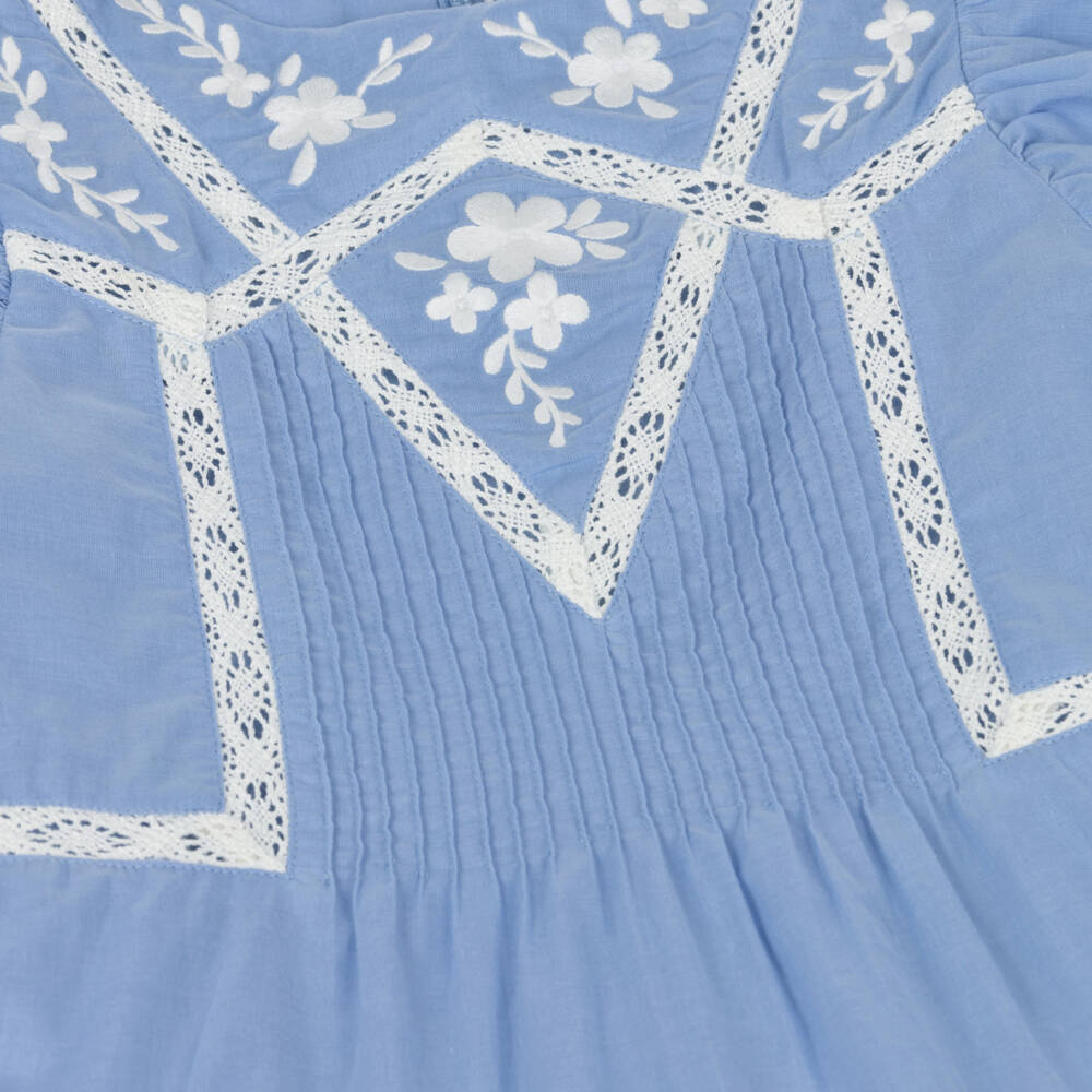 Tartine et Chocolat-Girls Blue Cotton Dress with Floral Embroidery & Lace Trims | Childrensalon