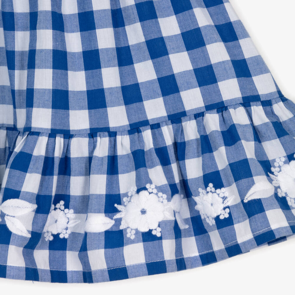 Tartine et Chocolat-Girls Blue Cotton Gingham Dress with Floral Embroidery | Childrensalon