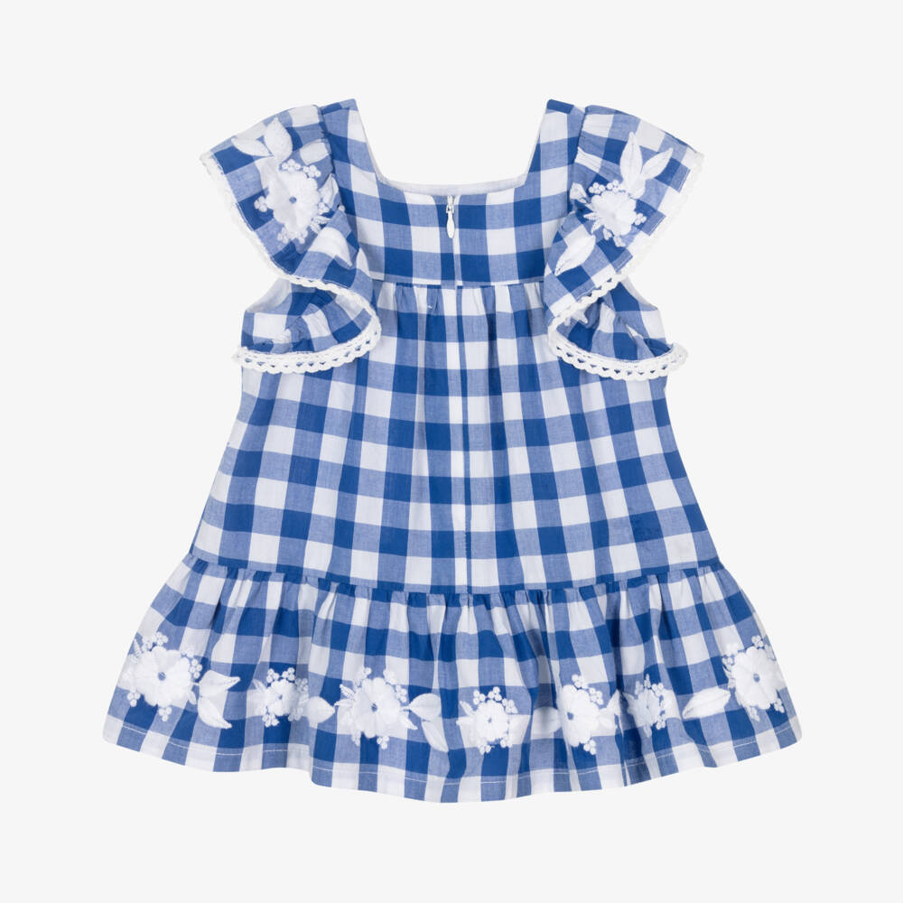Tartine et Chocolat-Girls Blue Cotton Gingham Dress with Floral Embroidery | Childrensalon