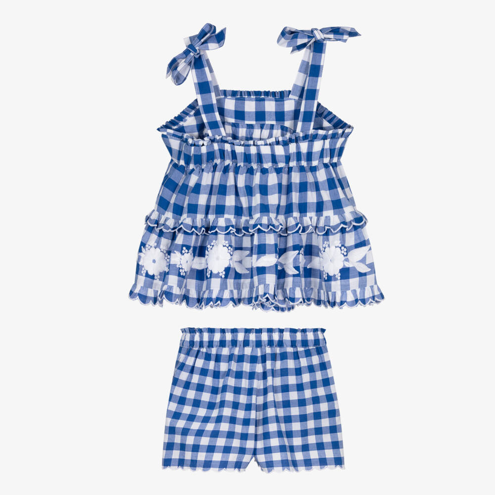 Tartine et Chocolat-Girls Blue Cotton Gingham Shorts Set with Floral Embroidery | Childrensalon