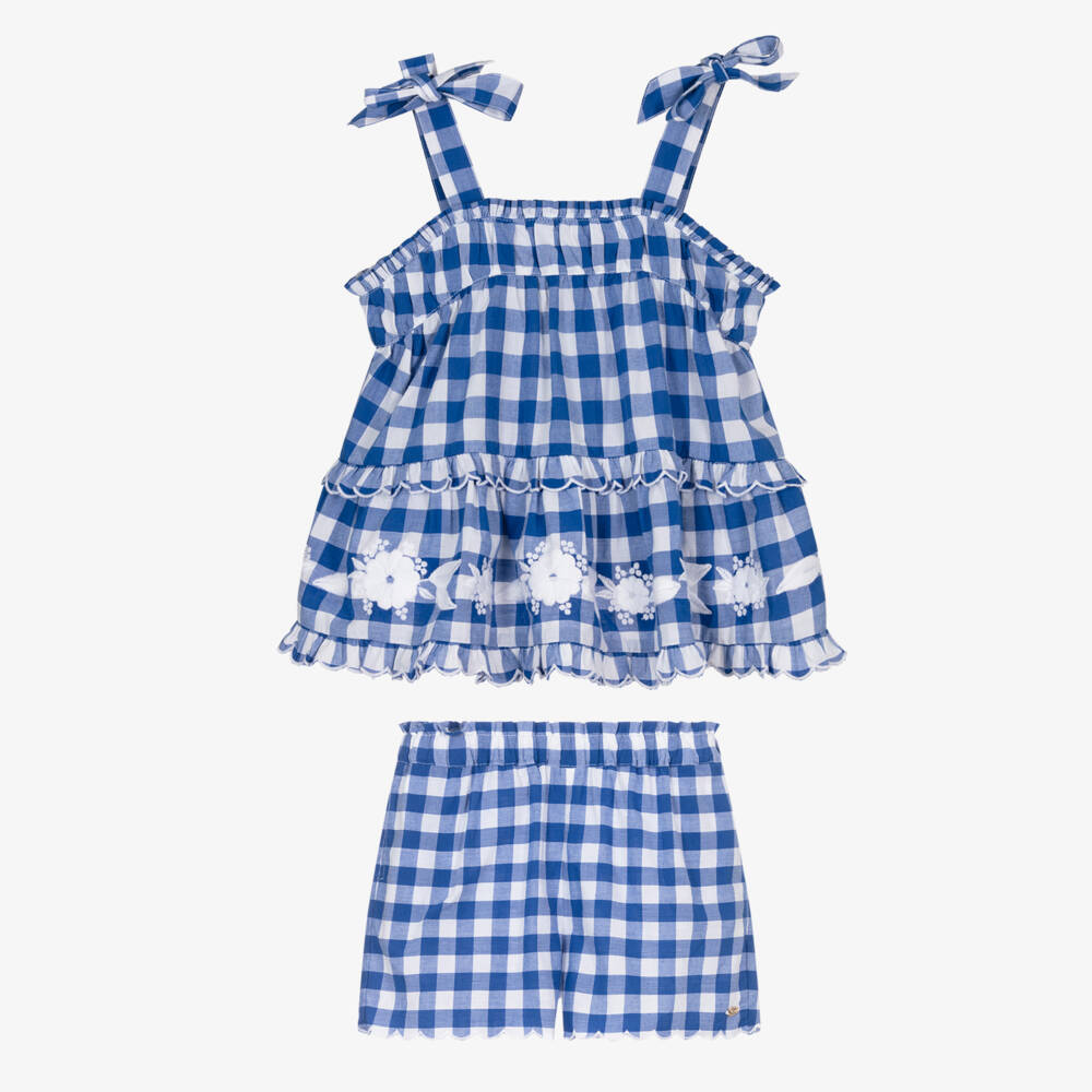 Tartine et Chocolat-Girls Blue Cotton Gingham Shorts Set with Floral Embroidery | Childrensalon