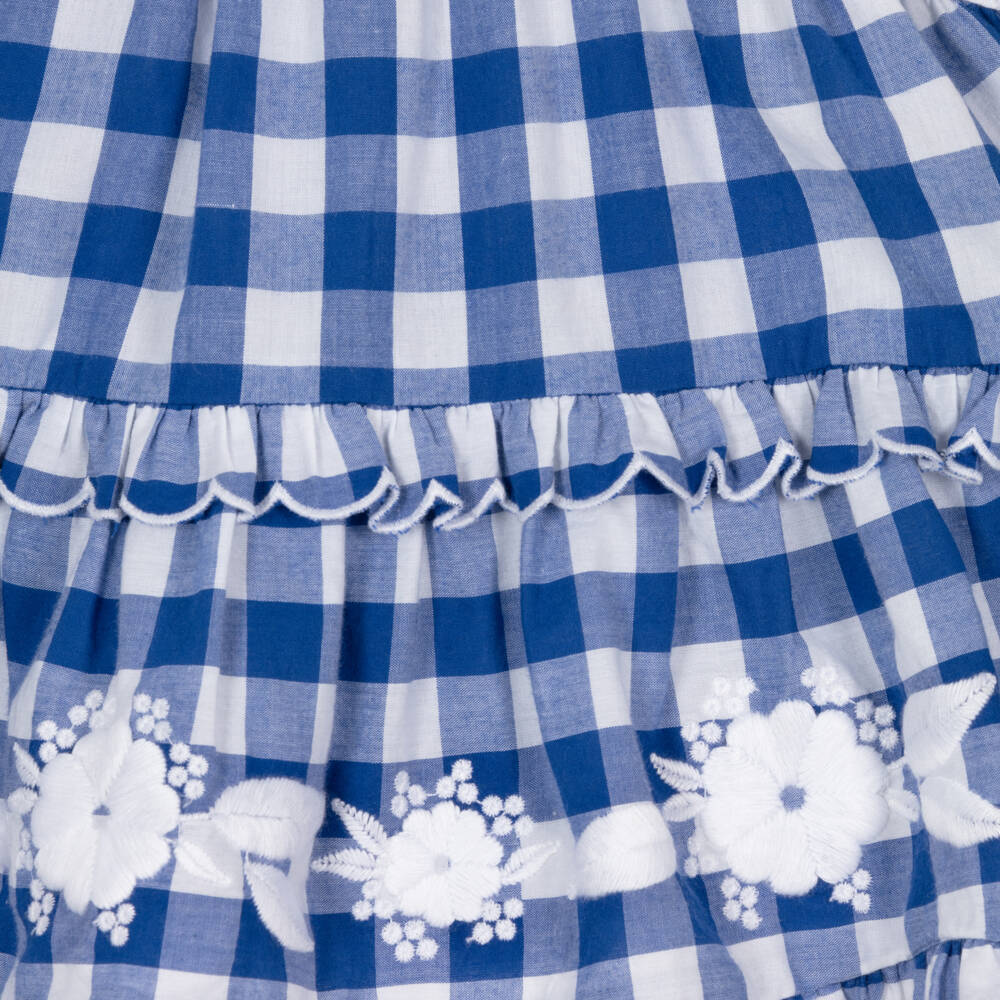 Tartine et Chocolat-Girls Blue Cotton Gingham Shorts Set with Floral Embroidery | Childrensalon