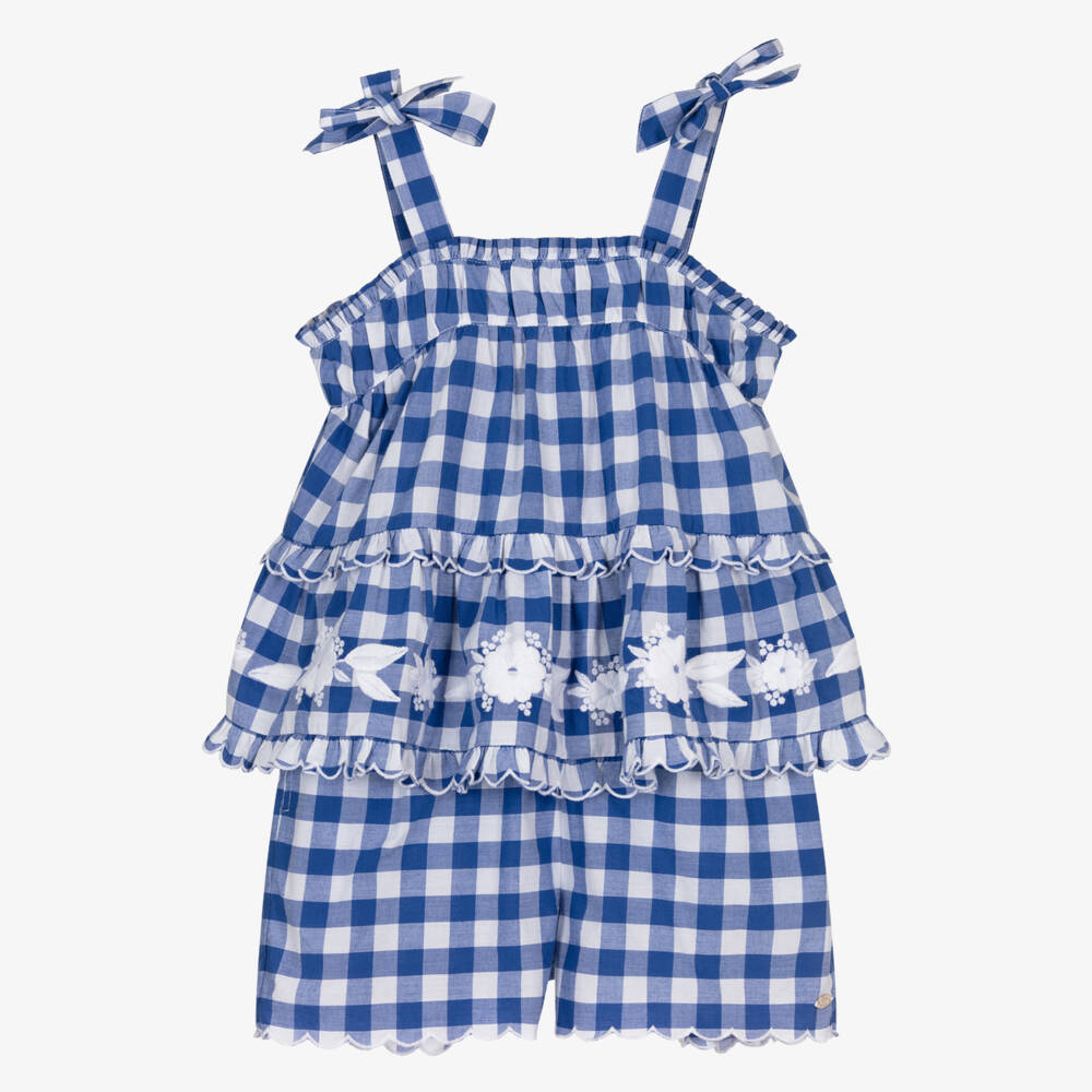 Tartine et Chocolat-Girls Blue Cotton Gingham Shorts Set with Floral Embroidery | Childrensalon